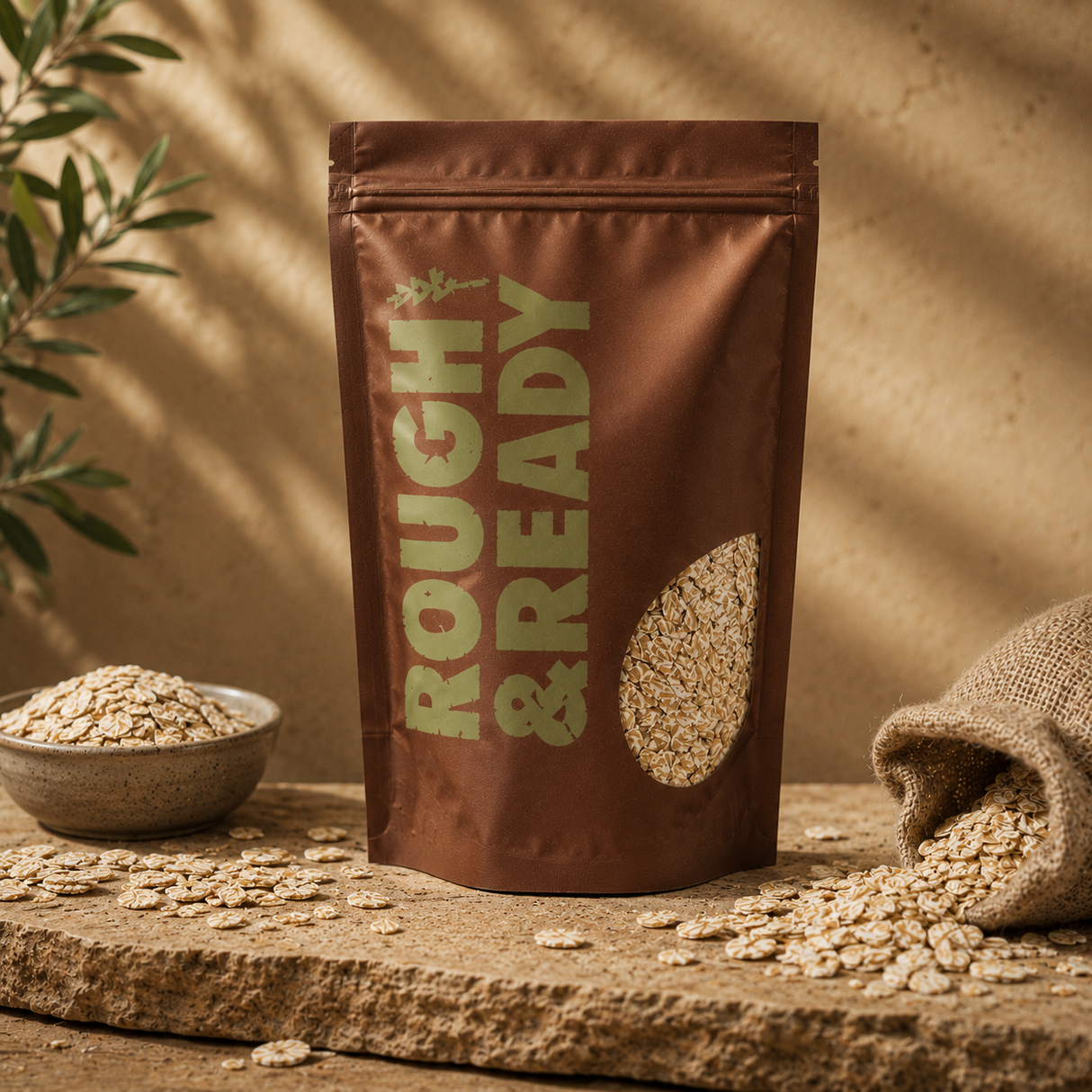 Brown package labeled 'Rough & Ready' with oats on a rustic surface