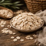 Oatmeal in a bowl on a wooden surface with a rustic background