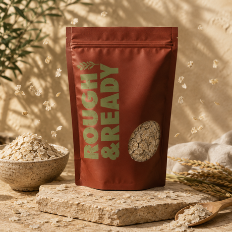 Red package labeled 'Rough & Ready' with oats on a rustic background