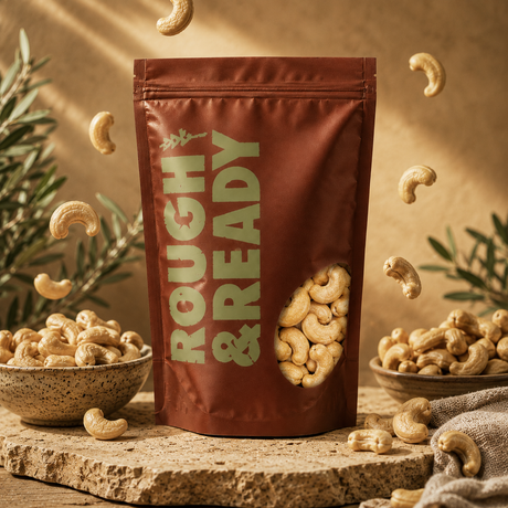 Bag of 'Rough & Ready' cashews on a wooden surface with cashews scattered around.