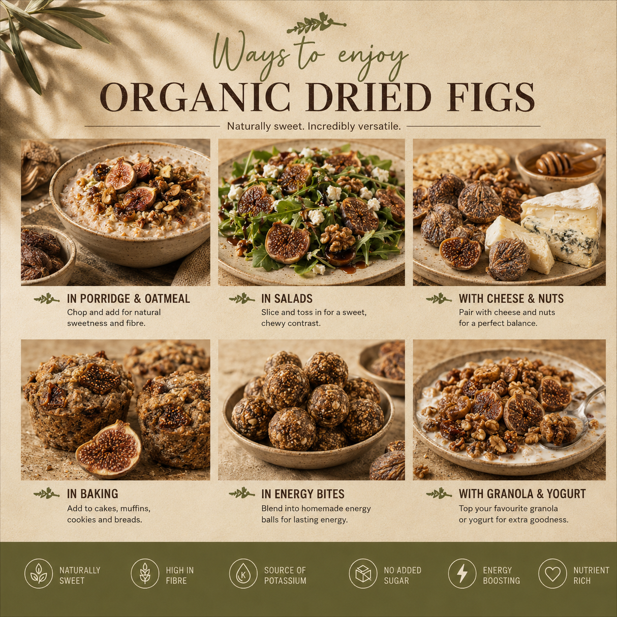 Infographic on ways to enjoy organic dried figs with various food items and text.