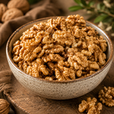Bowl of walnuts on a wooden surface with a brown cloth and greenery in the background