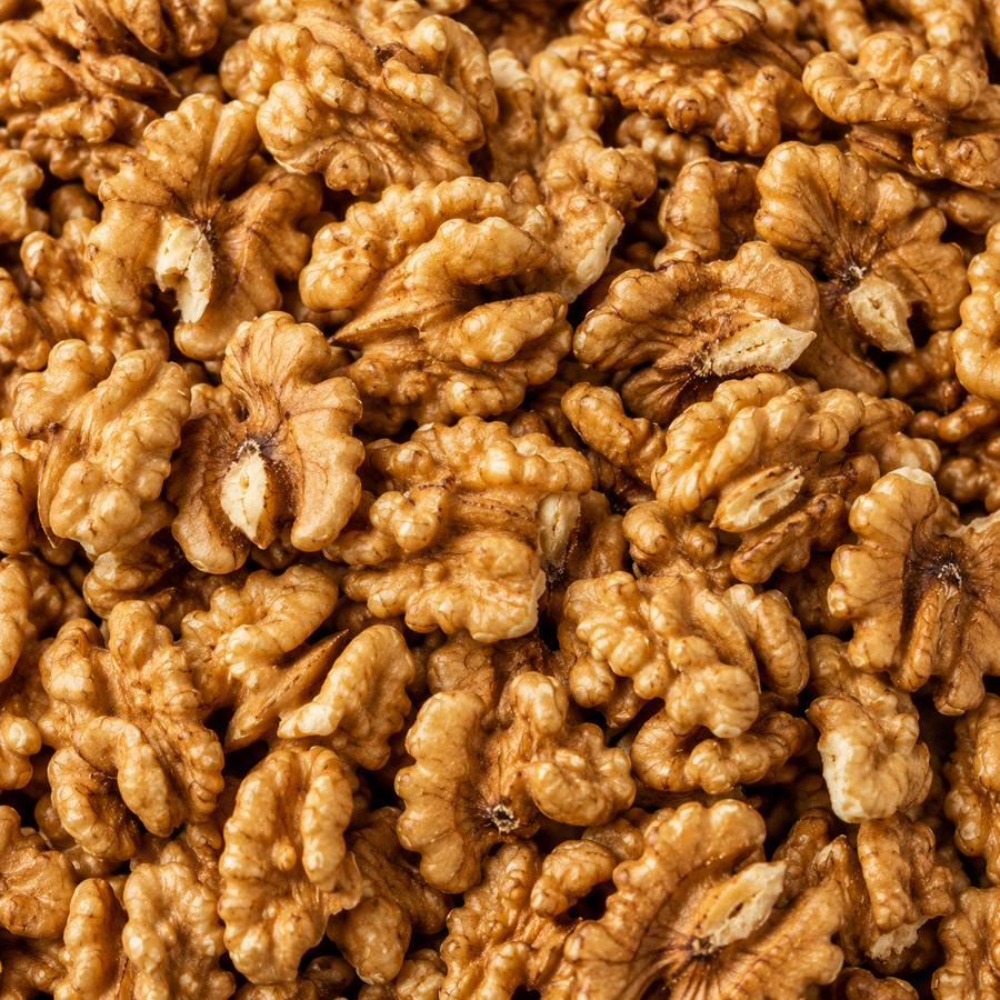 Close-up of walnuts showing their textured surface.