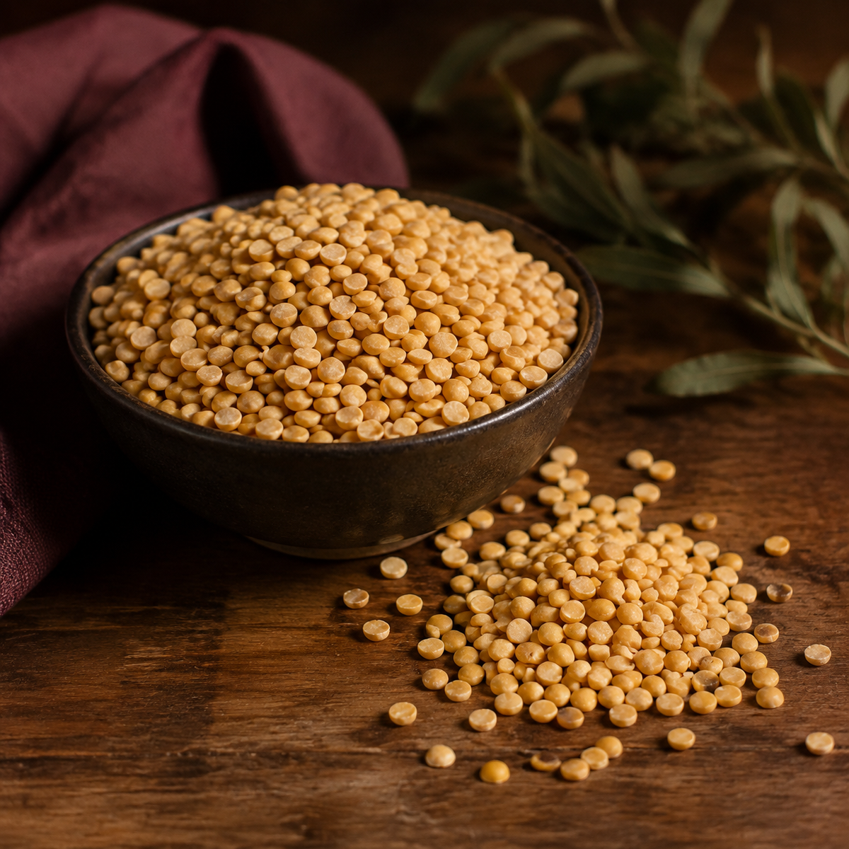 Dry organic split yellow peas serving