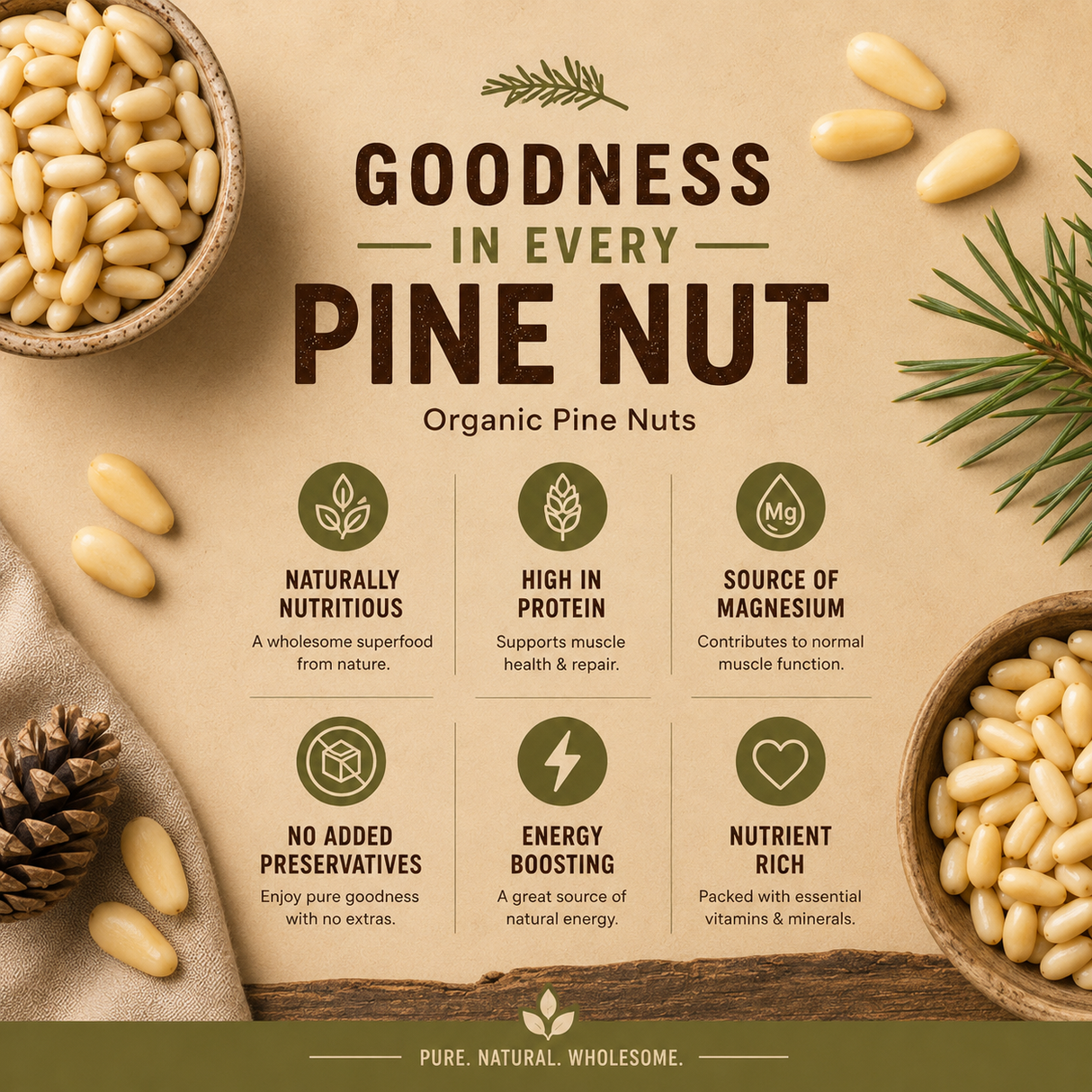 Promotional graphic for organic pine nuts with text and images of pine nuts and leaves.