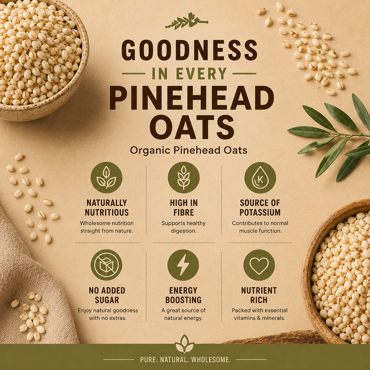 Advertisement for Organic Pinehead Oats with text and images of oats and leaves on a beige background.