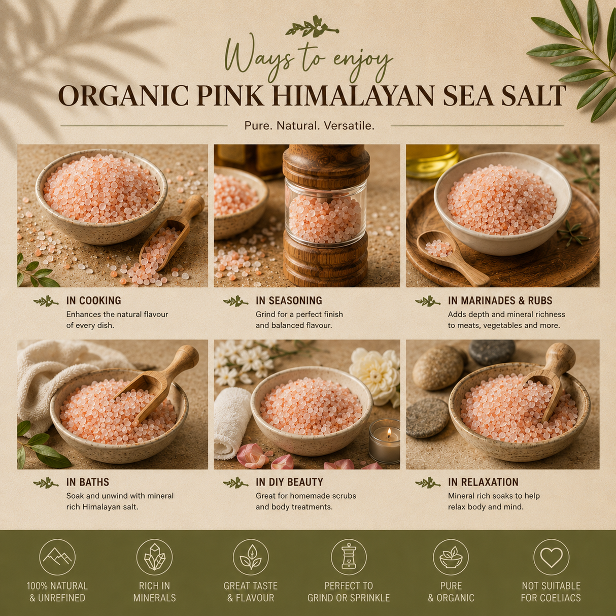 Promotional graphic for organic pink Himalayan sea salt with various uses and benefits.