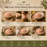 Promotional graphic for organic pink Himalayan sea salt with various uses and benefits.