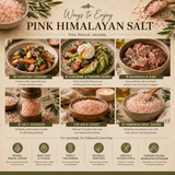 Infographic on ways to enjoy pink Himalayan salt with images and text.