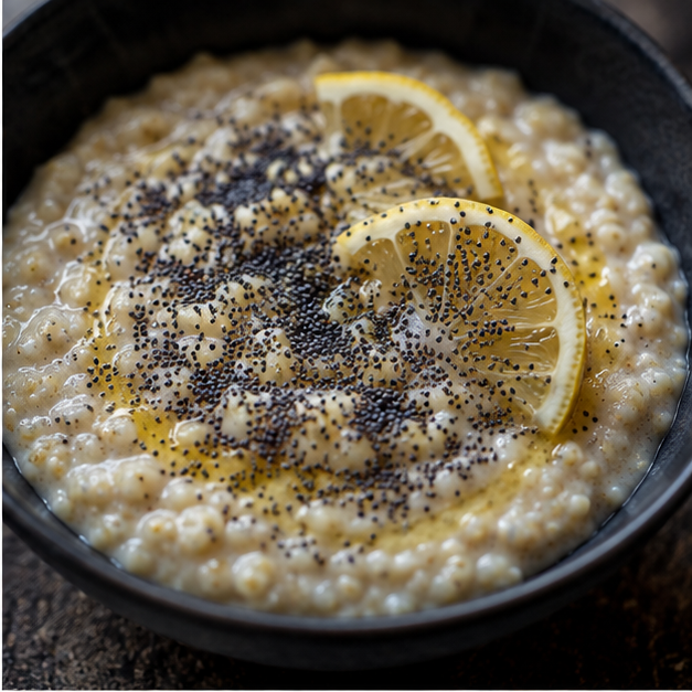 Organic poppy seeds on lemon porridge