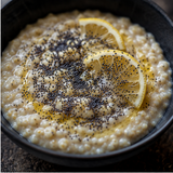 Organic poppy seeds on lemon porridge