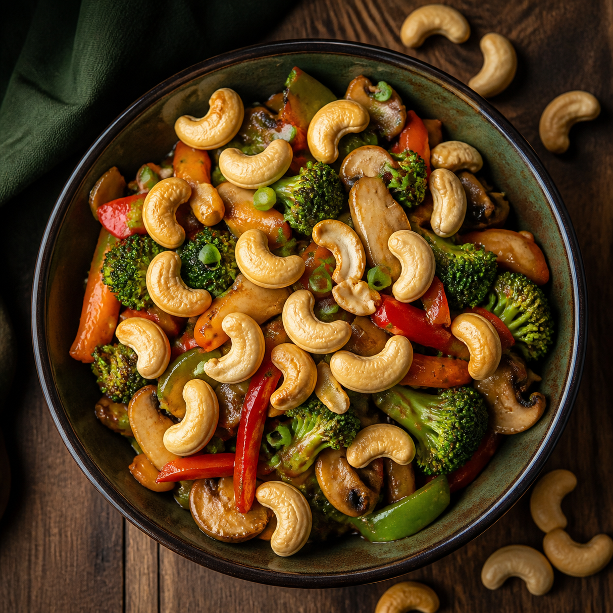 Vegetable stir-fry topped with roasted cashew nuts