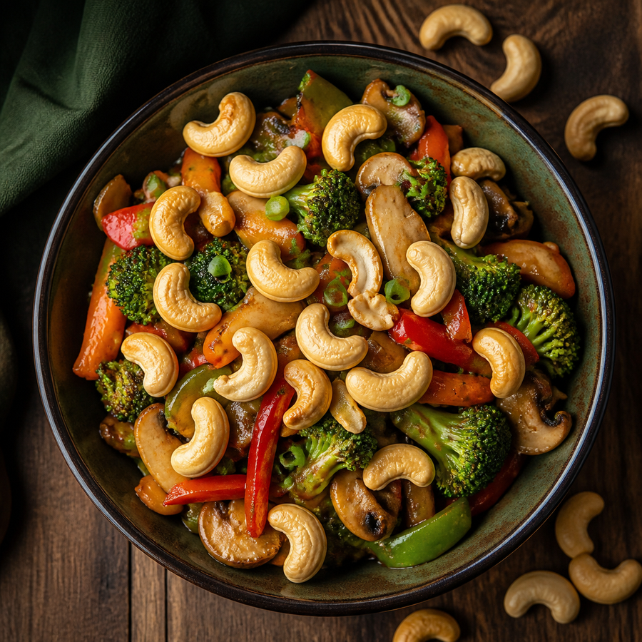 Vegetable stir-fry with roasted cashews