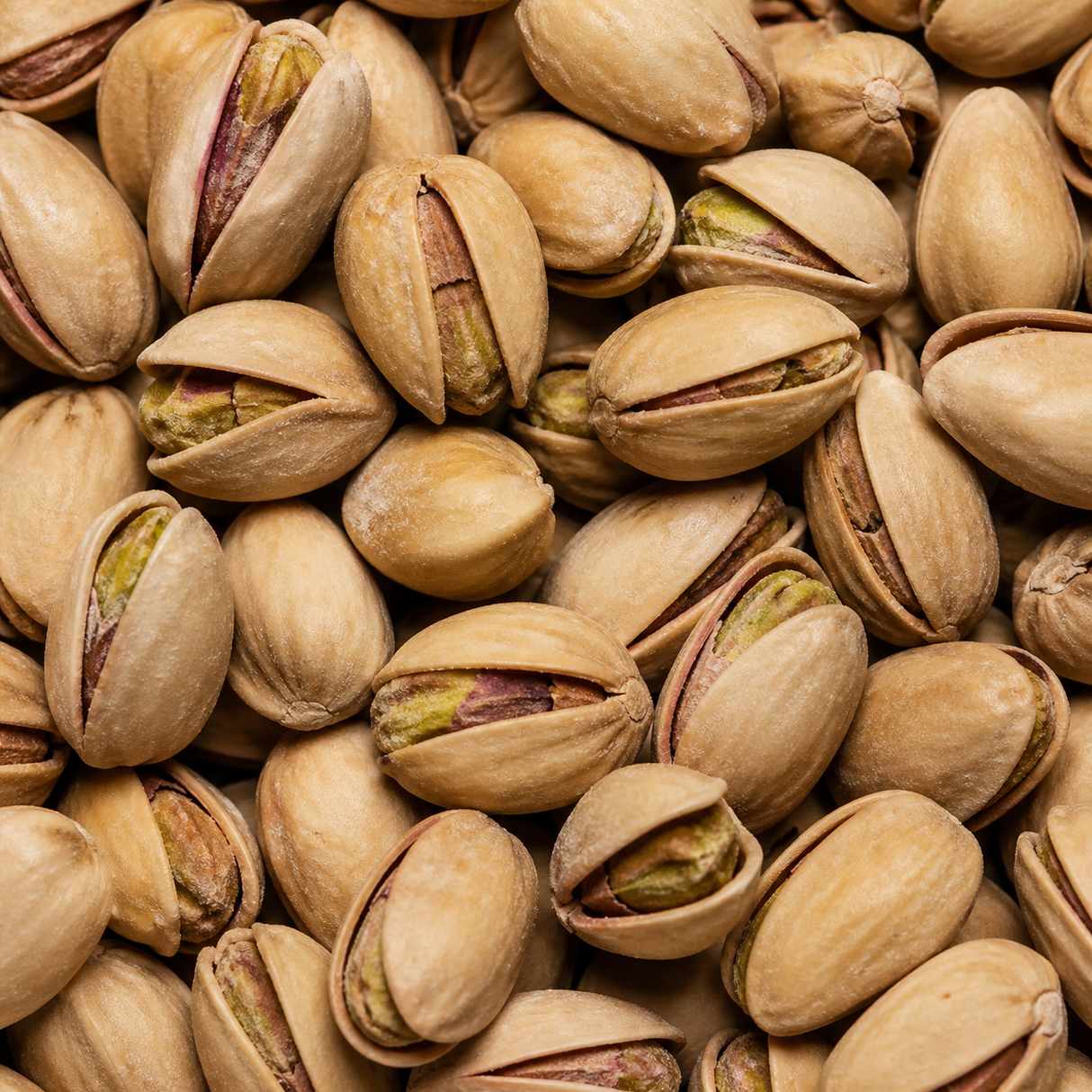 Extreme close-up of roasted and salted pistachios in shells
