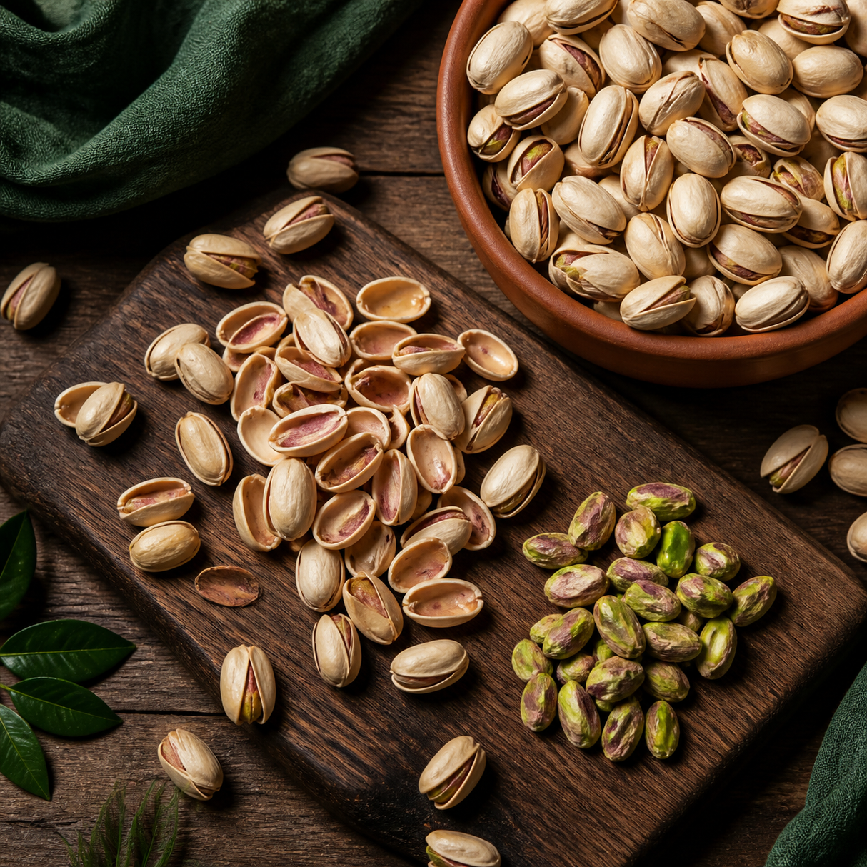 Opened pistachio shells and kernels ready to enjoy