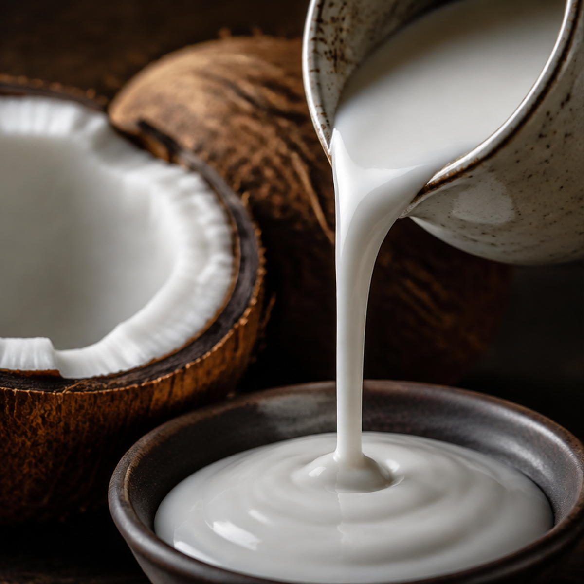 Organic coconut milk pouring close-up
