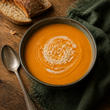Organic carrot and coconut soup serving