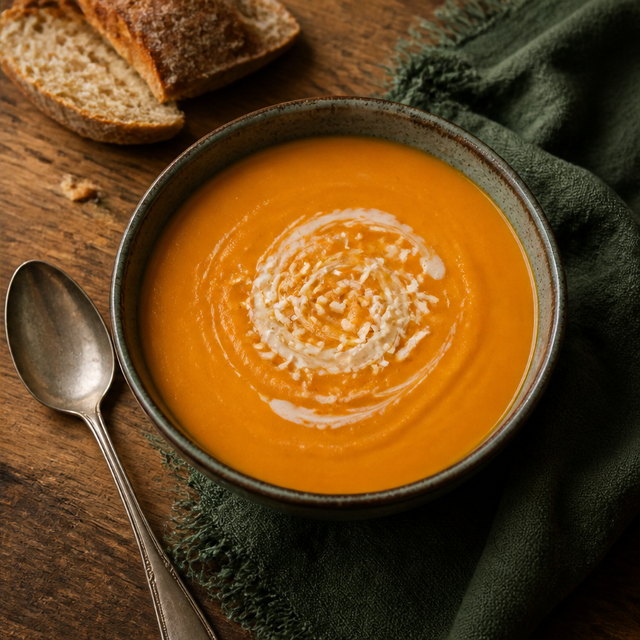 Organic carrot and coconut soup serving