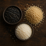 Organic wild rice, brown rice and white rice ingredients