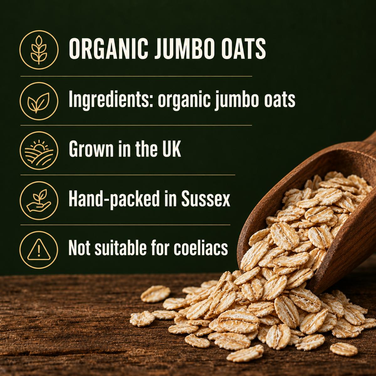 Organic jumbo oats: ingredients, UK origin, Sussex packing and coeliac warning