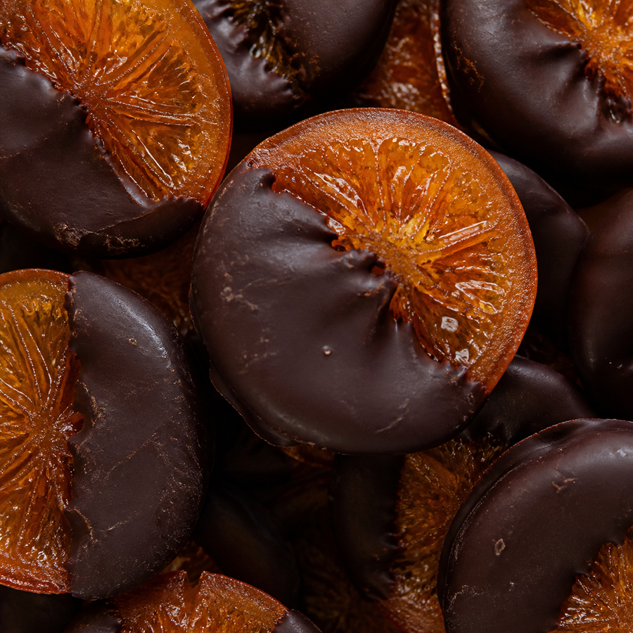Extreme close-up of Seggiano chocolate rum clementines
