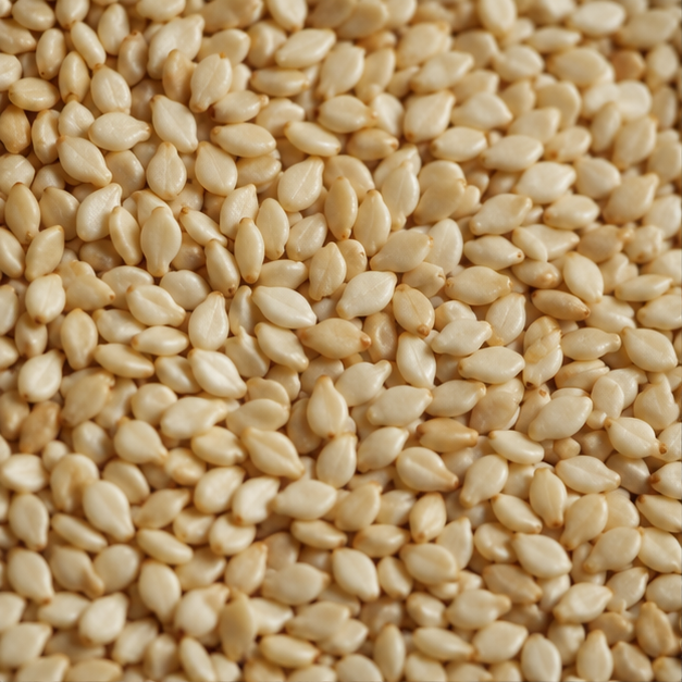 Organic hulled sesame seeds extreme close-up