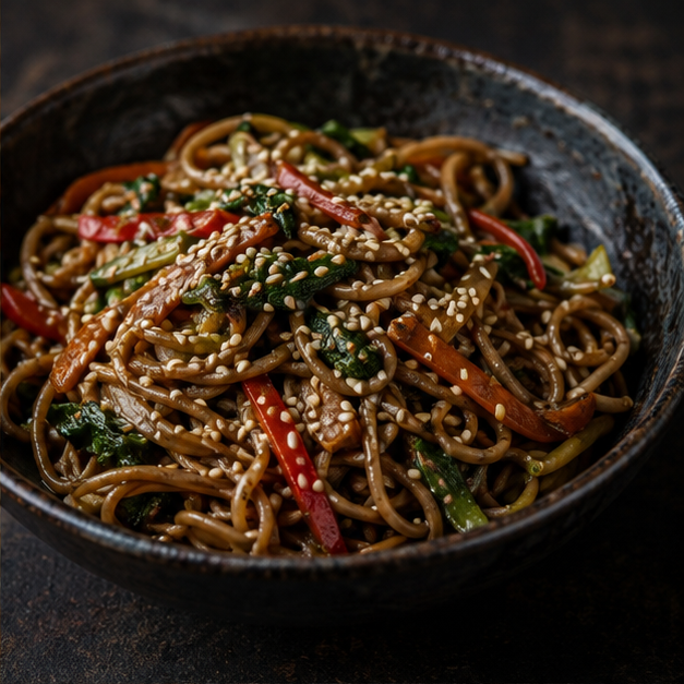 Organic hulled sesame seeds on noodles