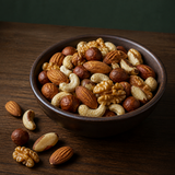 Superior organic mixed nuts served in a dark wooden bowl