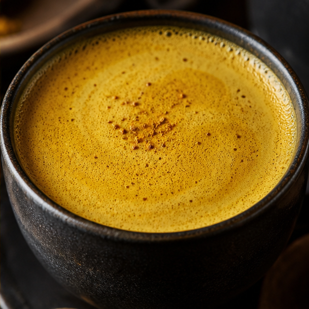 Frothy organic turmeric latte serving