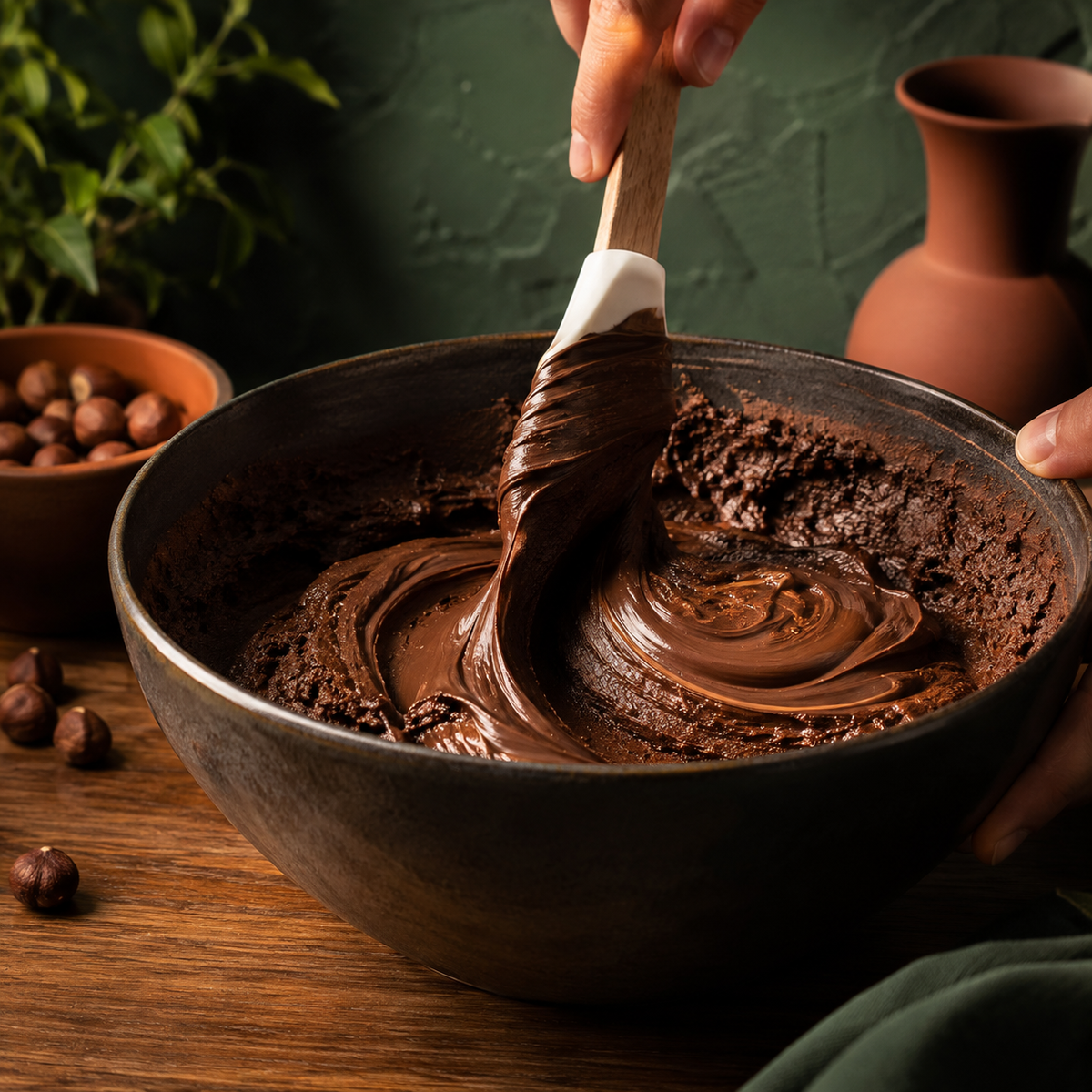 Preparing brownies with Essential organic chocolate and hazelnut spread