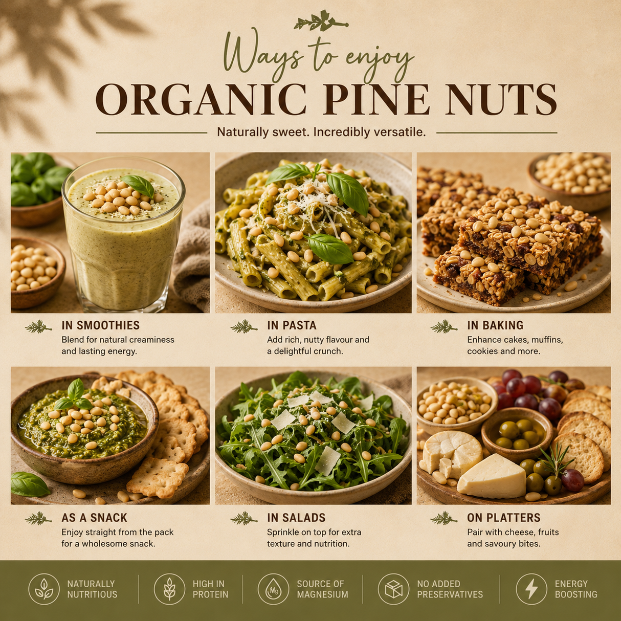 Infographic on ways to enjoy organic pine nuts with various food items and text.