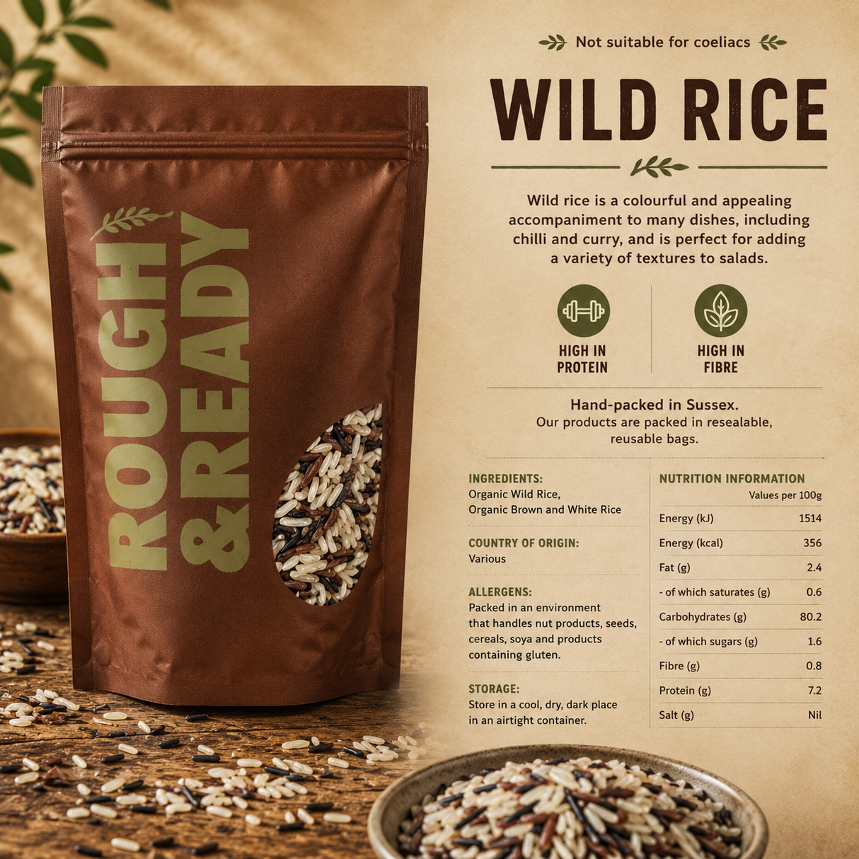 Rough & Ready wild rice package with nutritional information on a wooden surface