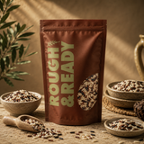 Brown package labeled 'Rough & Ready' with seeds on a rustic background