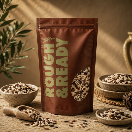 Brown package labeled 'Rough & Ready' with seeds on a rustic background