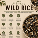 Infographic on the benefits of wild rice with text and images of bowls of wild rice.