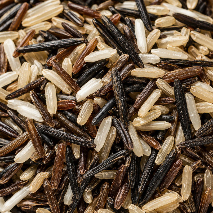 Close-up of mixed wild rice with black, brown, and white grains.